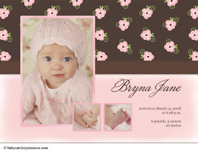 Shabby Chic girl photo baby announcement, pink and brown photo birth announcement
