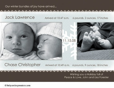 Twin Winter Christmas Photo Birth Announcements for Boy