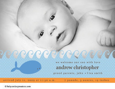 Our Andrew Design Photo Baby Birth Announcement features ocean waves, and the cutest little whale, in orange and blue!