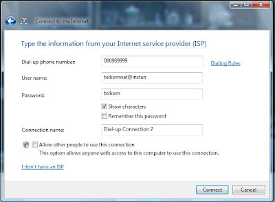 dial up menggunakan telkomnet@instan