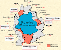 L'agglomération bruxelloise et les 6 communes à facilités (entre parenthèses le nombre de francophones). Document de source francophone.