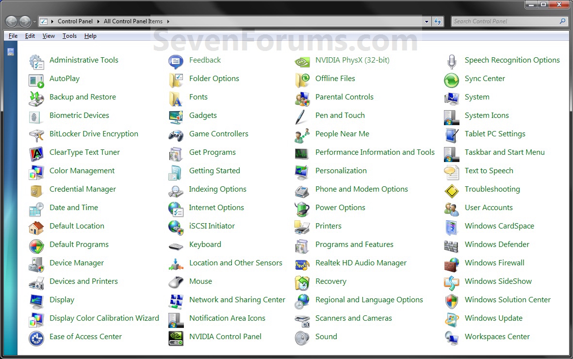 Control Panel of a Windows OS