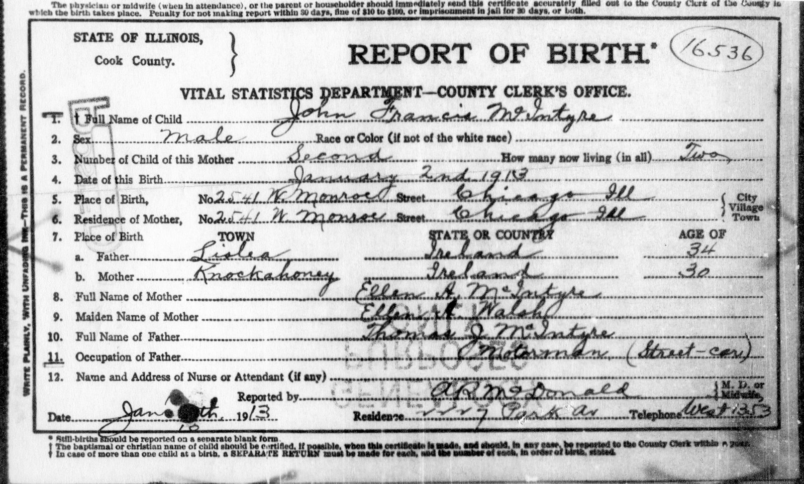 McIntyre/Walsh Genealogy Lawrence (John) Francis McIntyre, Birth