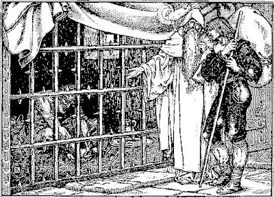 SO HE TOOK HIM BY THE HAND AGAIN, AND LED HIM INTO A VERY DARK ROOM, WHERE THERE SAT A MAN IN AN IRON CAGE.