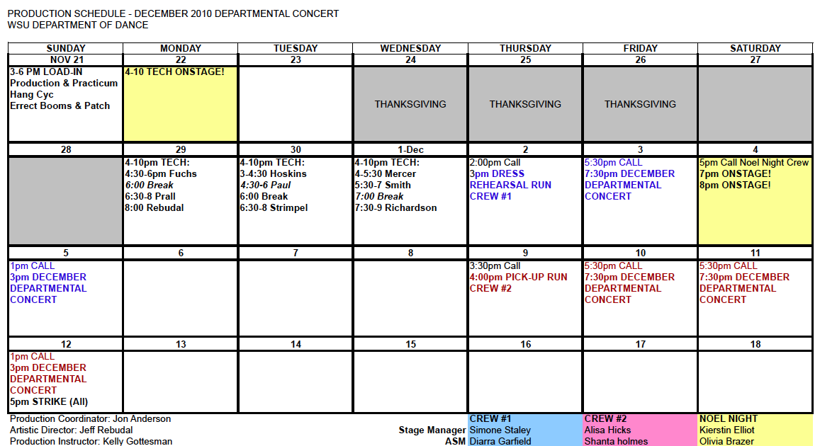 WSU Dance Blog December Departmental Tech Schedule