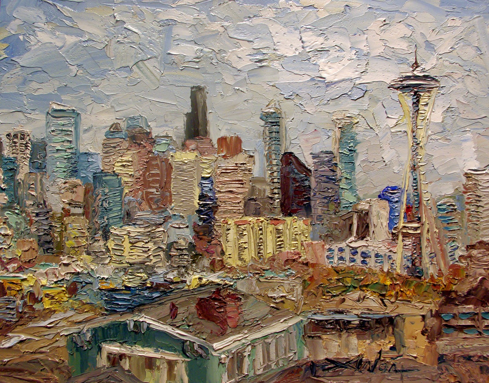 Palette Knife Painters International Seattle Skyline From Queen