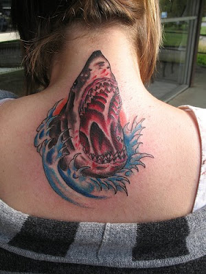gilrs upper back tattoos with shark tattoo designs