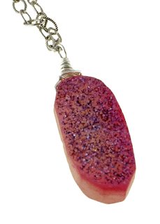pink druzy pendant on antiqued silver chain