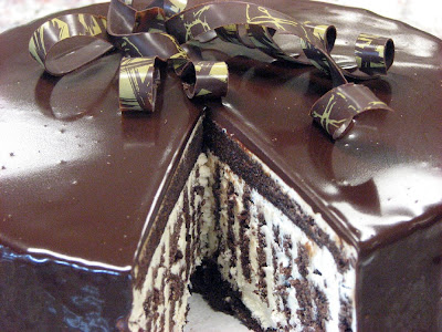 Zebra Cake -- Chocolate genoise cake with peanut butter butter cream, 