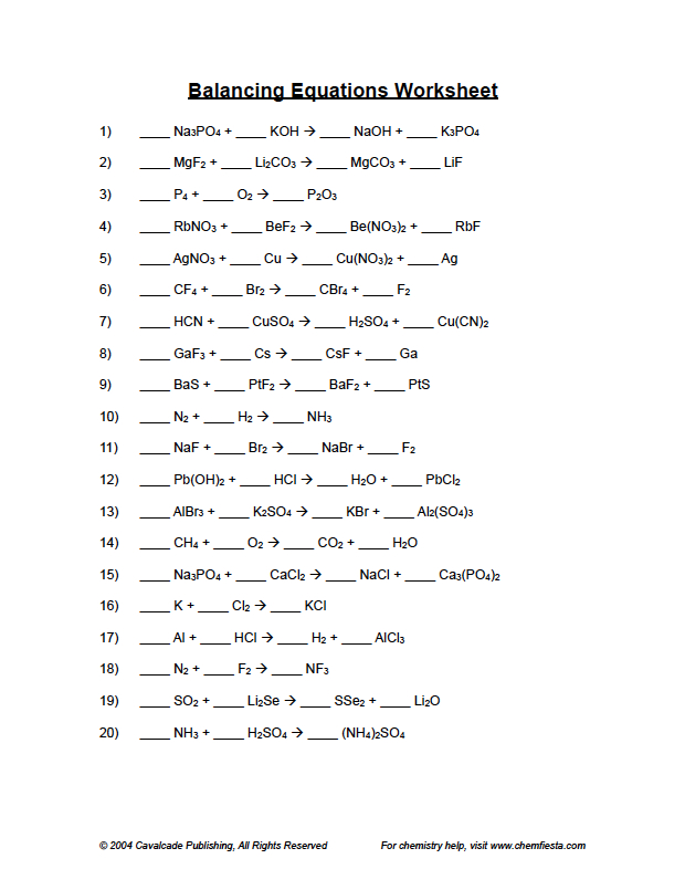 balancing chemical equations worksheets with answers