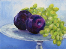 Plums and Grapes on Glass Plate