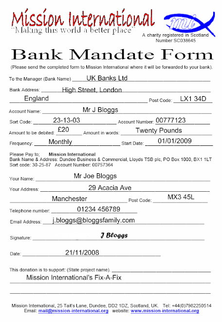Bank Mandate form - Completed