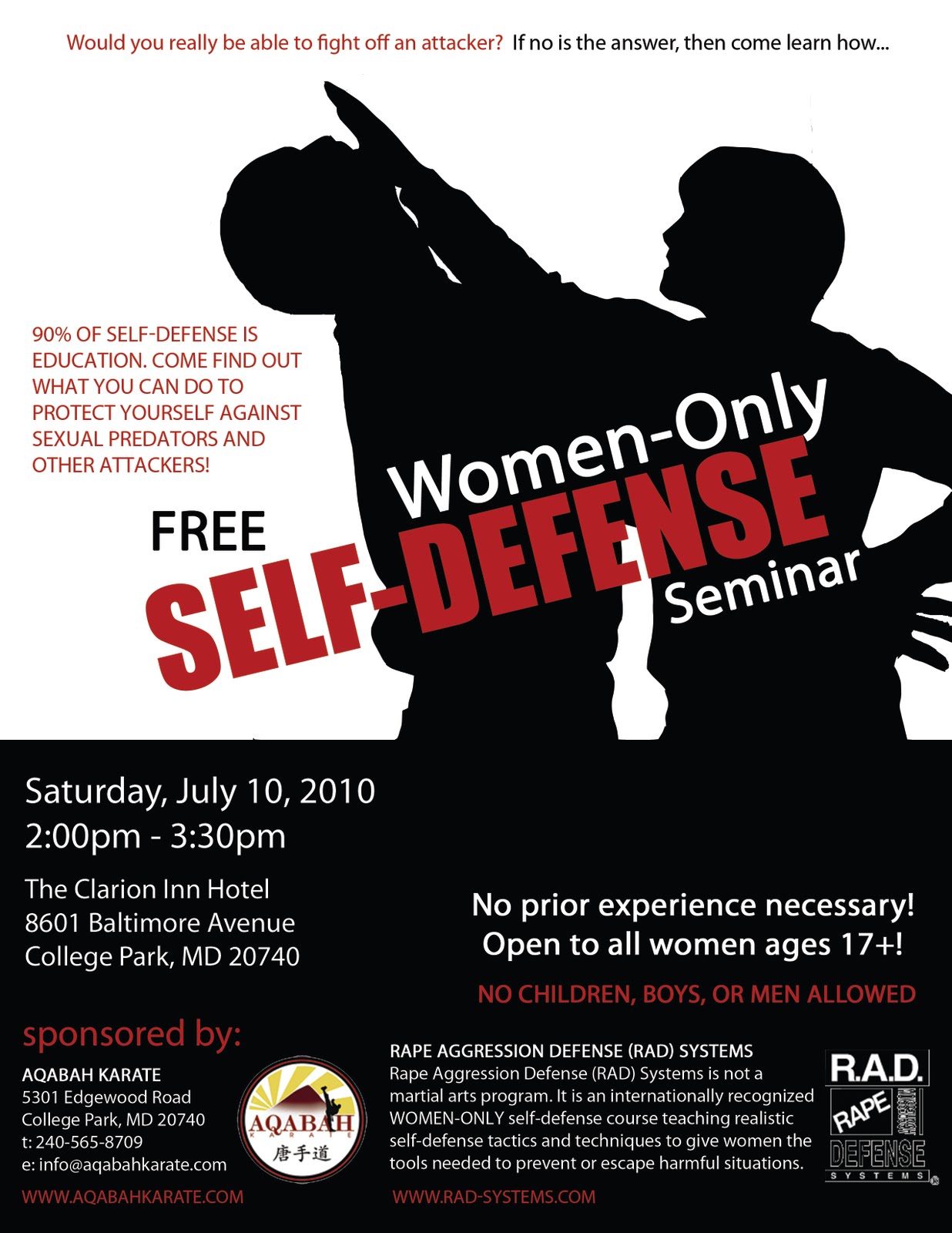 aqabah karate event free women only self defense seminar systema womens self defense seminar flyer
