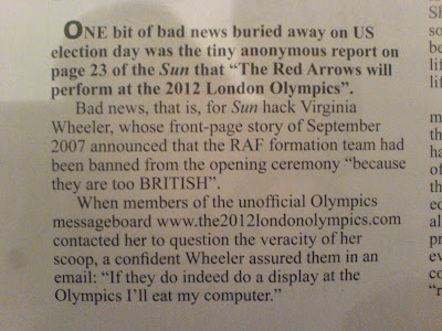Sun Hack Virginia Wheeler had announce the RED Arrows had been banned from the Olympics opening ceremony for being too British. But They will. When they do, Virginia has said she will eat her computer