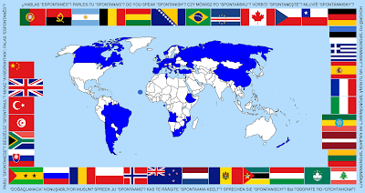Mapa-mundo com bandeiras dos países dos sócios e pergunta 'Falas Espontanês?' em 18 línguas