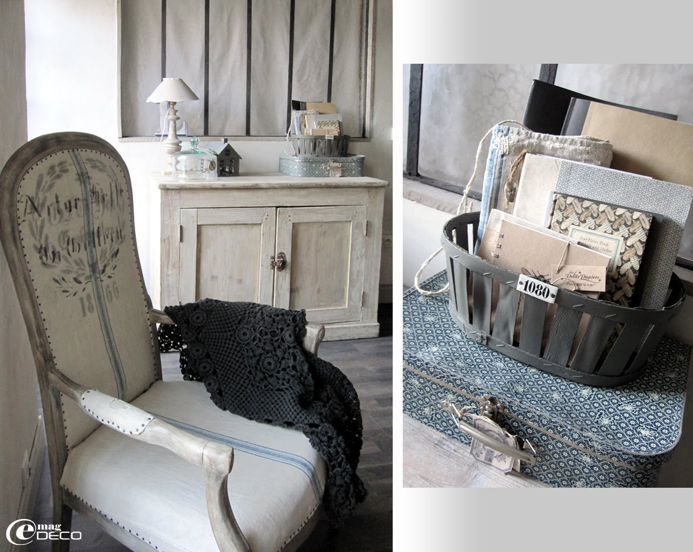Dans la chambre d'Aurèle du blog Poussière de Grenier, un fauteuil voltaire recouvert de lin imprimé