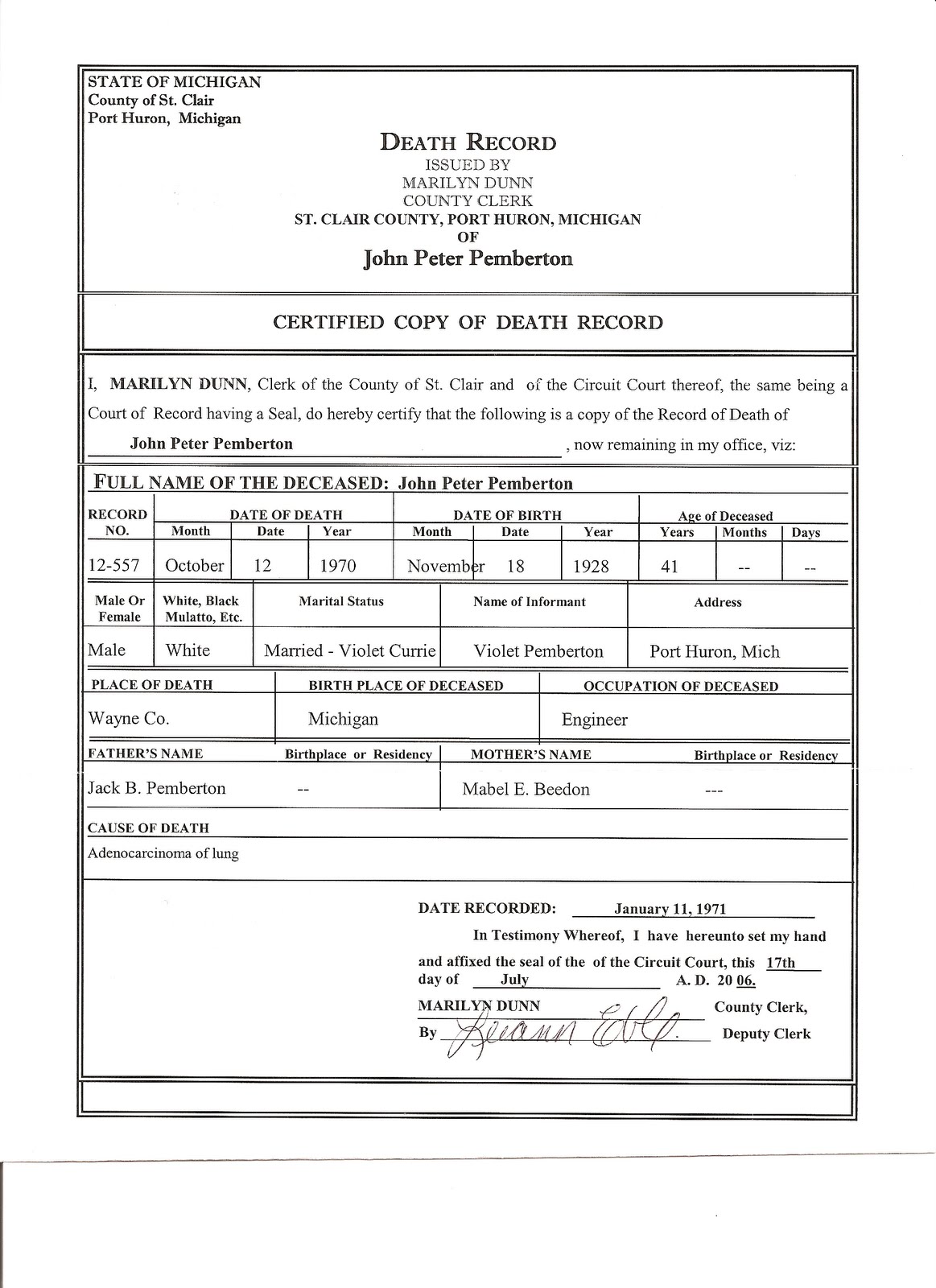 certificate of death template