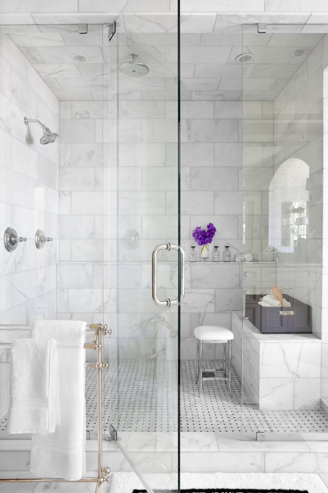 For the MB. Love the full glass and tile throughout. White marble