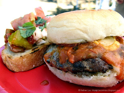 fume bistro double pork burger and heirloom tomato bruschetta