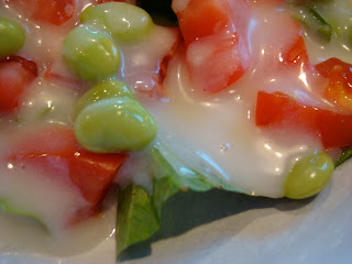 Edamame Salad topped with Homemade Vegan Slaw Dressing