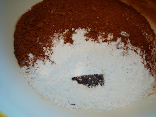 Up Close of Chocolate Chips, Flour and Cocoa in bowl