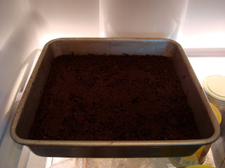 Fudge in baking pan in refrigerator