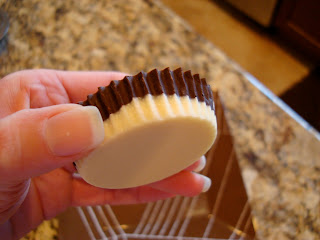 Hand holding half white and dark chocolate peanut butter cup