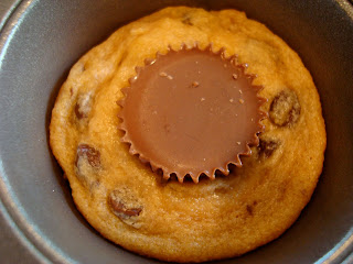 Peanut Butter Cup Cookie Cupcakes in muffin tin