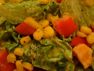 Up close of salad with Sweet Mango & Lime Corn Salsa