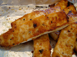Close up of Sesame Ginger Maple Baked Tofu slices