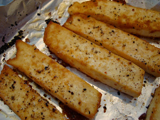 Sesame Ginger Maple Baked Tofu slices in pan