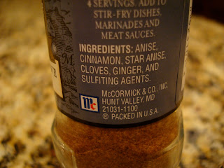 Label on back of Chinese Five Spice bottle