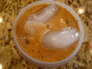 Overhead of Chocolate Vanilla Coffee Protein Shake with ice