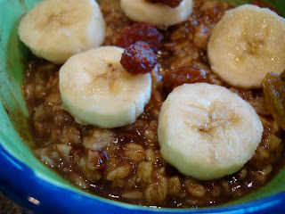 Side view of Banana Cinnamon Raisin Oatmeal in bowl