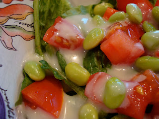 Close up of Edamame Salad with Vegan Slaw Dressing