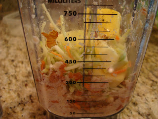 Ground nuts in blender toped with broccoli slaw, ginger, squash, pepper, cider vinegar and agave