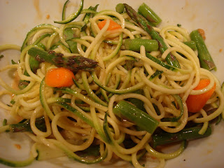 Zuke Noodles tossed with asparagus, carrots, and cumbers