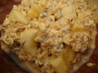 Overhead of Overnight Peanut Butter-Banana-Vanilla-Chia Oats in bowl