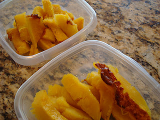 Skinned and sliced roasted squash in two clear containers