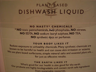 Back of dishwash liquid showing what it doesn't contain