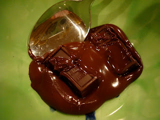 Semi-Melted Chocolate in bowl with spoon stirring