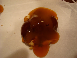Overhead of caramel drizzled over Turtle stack
