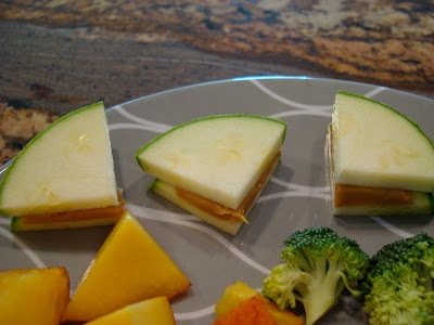 Peanut Butter "Sandwiches" on plate with fruit and vegetables