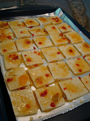 Side view of marinated Sweet & Sour Honey Lemon Tofu