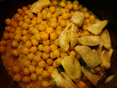 Garbanzos, Artichoke Hearts, Green Beans, Peanut Butter added to the cooked rice