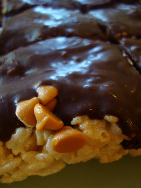 Close up of Butterscotch Rice Krispy Treats with Vegan Chocolate Frosting