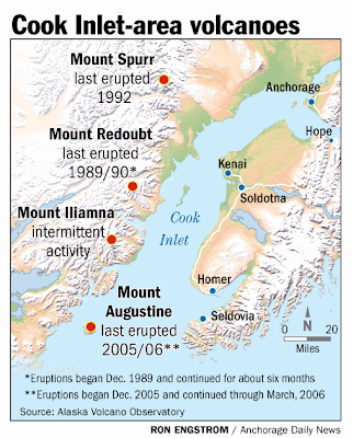 The four volcanoes are part of the Alaska range that continues southwest and The four volcanoes are part of the Alaska range that continues southwest and