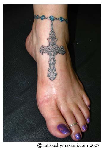 Ankle Rosary Beads and Cross Tattoo Chris Lombardi - Jesus and Rosary Large