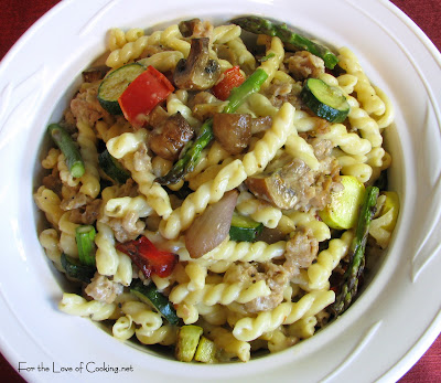 Gemelli with Turkey Italian Sausage and Roasted Vegetables in a Parmesan Cream Sauce