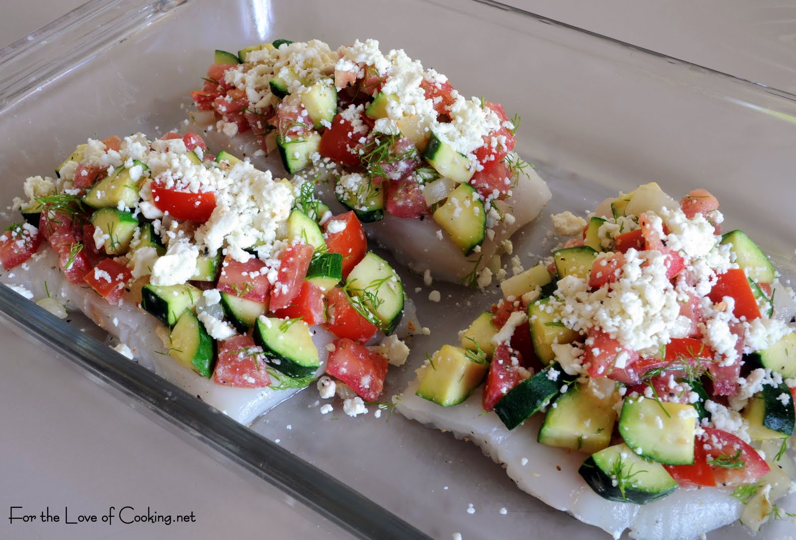 Baked Halibut Topped with Zucchini, Tomato, Dill, and Feta For the
